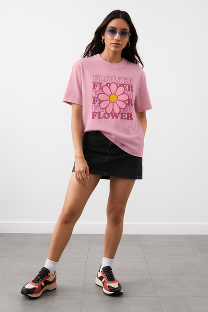 Pink Retro Flower Graphic T-Shirt for Women – Oversized Cotton Tee